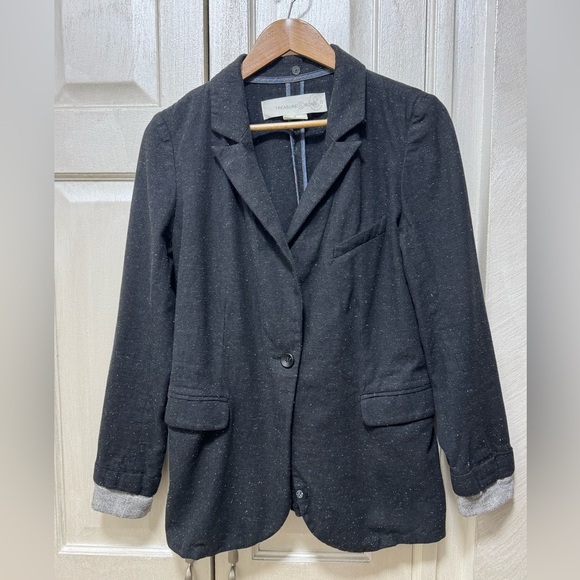 Treasure & Bond Wom M Charcoal Heathered Grey Textured Cotton Blazer Relaxed Fit - Picture 1 of 12